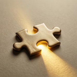 金色拼圖塊，光線穿過其中心，背景為米色。