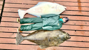 人躺在木碼頭上兩條大比目魚之間。 — 釣魚 壁紙