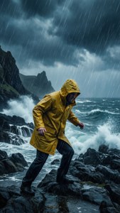 穿著黃色雨衣的人，在暴風雨海岸場景中走在濕滑的岩石上。