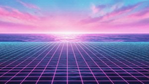 霓虹網格地板在粉彩日落天空下與發光的海洋相遇。
