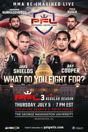 PFL MMA活動宣傳海報， featuring 四位拳手和夜晚的國會大廈。