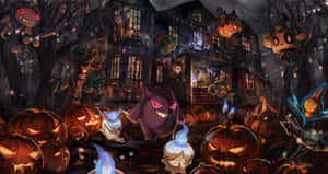 鬼屋被發光的南瓜和幽靈般的寶可夢生物包圍在萬聖節之夜。 — 恐怖萬聖節 壁紙