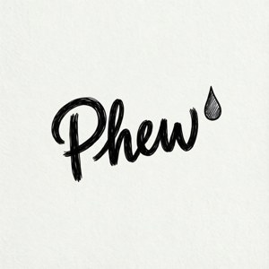 手寫字詞 Phew 連同滴汗符號喺有紋理嘅紙上。