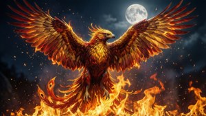 一隻神話中的鳳凰，擁有火焰般的羽毛，在夜晚的滿月下站在火焰之上。