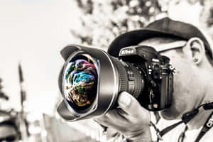 攝影師手持Nikon相機，鏡頭有彩色反射。
