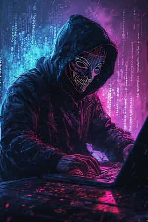 一個戴著面具的黑客穿著深色連帽衫，在發光數碼代碼環繞下打字。