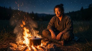 武士在星空下的營火旁冥想