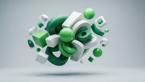 極簡工作室空間中漂浮的綠色和白色幾何形狀。