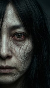 在昏暗燈光下，女性臉部，皮膚乾裂，頭髮深色。