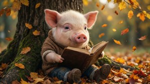 一隻穿著毛衣的豬在樹下看書，周圍是飄落的秋葉。