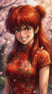 動漫女孩穿著紅色花卉旗袍在櫻花下微笑。