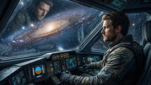 太空船駕駛艙內的飛行員透過窗戶觀看螺旋星系。