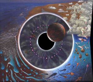 一個巨大的眼睛，瞳孔中有一顆行星，周圍環繞著海洋、雲朵和發光的生物。