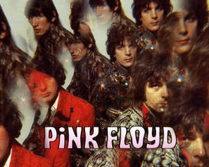 Pink Floyd 樂隊成員在迷幻拼貼畫中，眼睛發光，穿著圖案服裝。