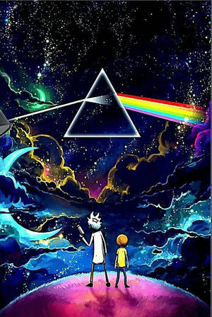 瑞克和莫蒂抬頭看著一個在太空中創造彩虹的棱鏡。