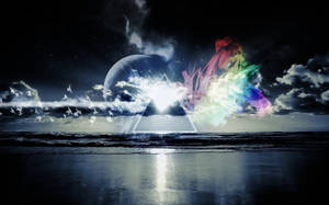 宇宙風暴下的黑暗海洋，帶有發光的彩虹能量爆發和行星。