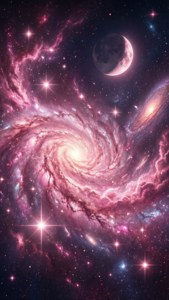 一個粉紅色和紫色的螺旋星系，帶有新月和閃爍的星星在太空
