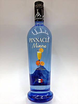 藍色 Pinnacle Mimosa 口味伏特加酒瓶，附有橙子裝飾插圖。