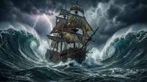 一艘木製帆船在雷暴中與巨大的海浪搏鬥。