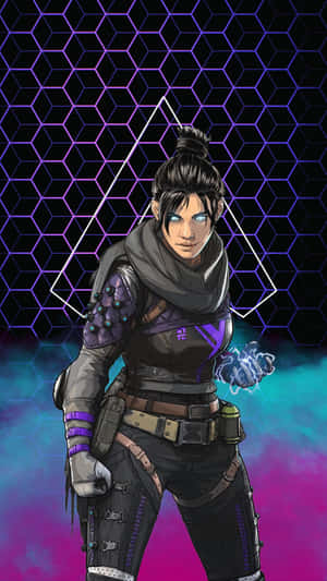 賽博龐克女性戰士，發光藍色眼睛和手中能量，霓虹網格背景。 — Apex 英雄 壁紙