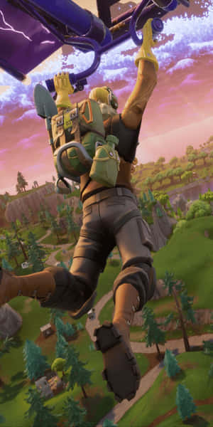 Fortnite角色在日落時分掛在滑翔機上，下方是綠色景觀