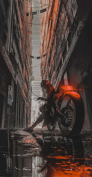 一位騎士在雨夜的城市小巷中騎著發光的電單車。