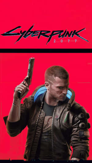 Cyberpunk 2077 主角在紅色背景中手持手槍。