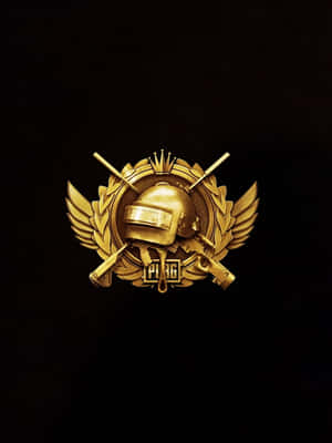 金色PUBG遊戲標誌，黑色背景上有頭盔和交叉步槍 — Pixel 3 壁紙