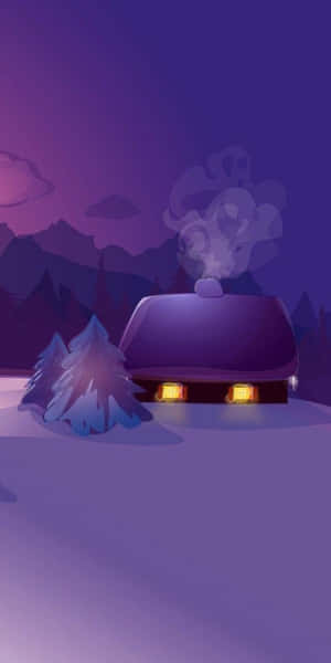 夜間積雪山中的舒適小屋，溫暖燈光和煙霧。