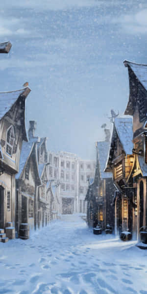 白雪覆蓋的中世紀村莊街道，夜晚溫暖發光的窗戶。