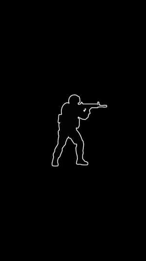 黑色背景上士兵瞄準步槍的白色線條畫。 — Pixel 3 壁紙