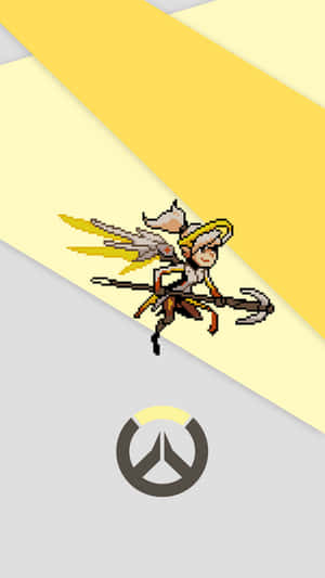 像素化的Overwatch角色帶有翅膀和三叉戟在標誌上方飛翔。