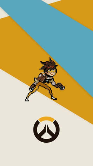 像素化Overwatch角色以動作姿勢呈現，附遊戲標誌