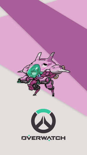 像素化的Overwatch角色穿著紫色盔甲飛翔，帶有遊戲標誌