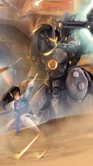 年輕女子在塵土飛揚的競技場中用發光能量武器對抗巨型機器人。