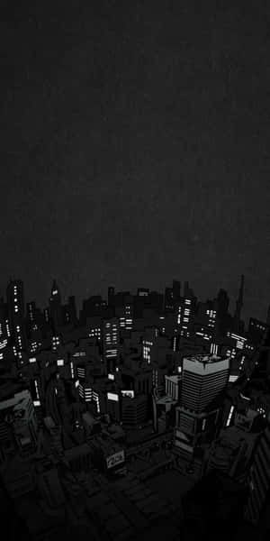 夜晚帶有發光窗戶的黑白插圖城市。