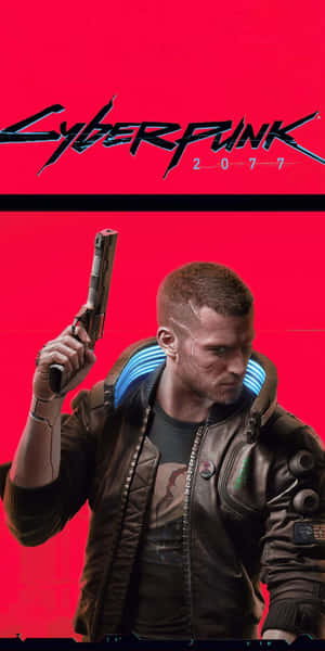 Cyberpunk 2077 主角在紅色背景前手持帶有發光藍色點綴的手槍。 — 18:9 壁紙