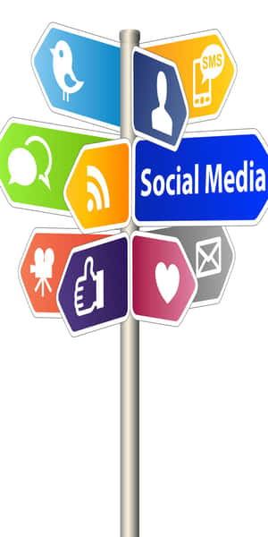一個帶有 Twitter、Facebook、YouTube 等社交媒體圖標的路標。