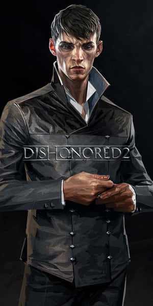 一個穿著深色外套的認真男人，胸前有Dishonored 2標誌。 — Pixel 3 壁紙