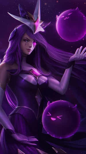 紫發動漫女王與發光球體在繁星宇宙場景中。 — Pixel 3 壁紙