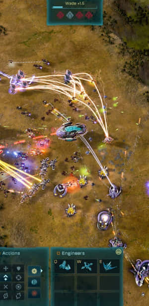 Futuristic sci-fi strategy game battle with energy beams and units on a barren battlefield. — Huawei Mate 70 Air 壁紙