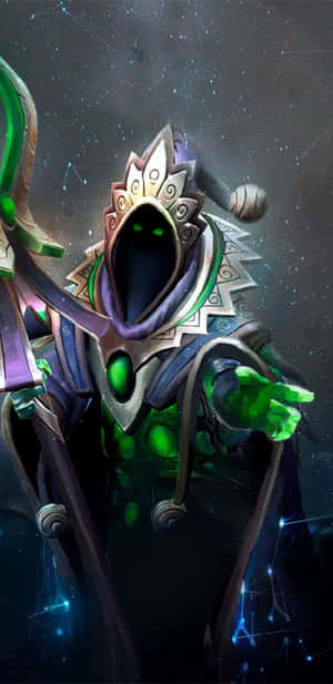 宇宙法師，發光的綠色眼睛和華麗的盔甲，背景是星空夜空。 — Dota 2 壁紙