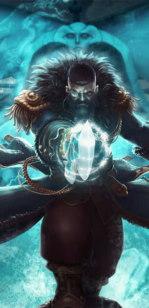 留鬍鬚的戰士身穿盔甲，在神秘冰霜環境中揮舞發光水晶球 — Dota 2 壁紙