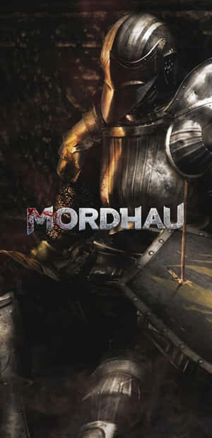 一位身穿黑暗中世紀盔甲的騎士，顯示遊戲標題MORDHAU。 — Galaxy S10 壁紙