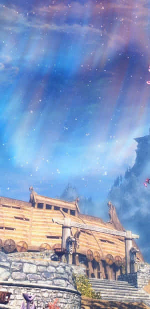 維京長船在石碼頭上，發光的極光天空和山脈 — Galaxy S10 壁紙