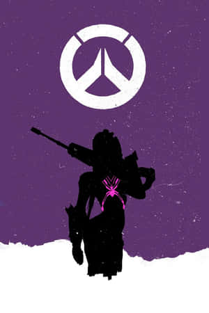 Overwatch士兵剪影，帶有粉紅色蜘蛛徽章，背景為紫色grunge風格。