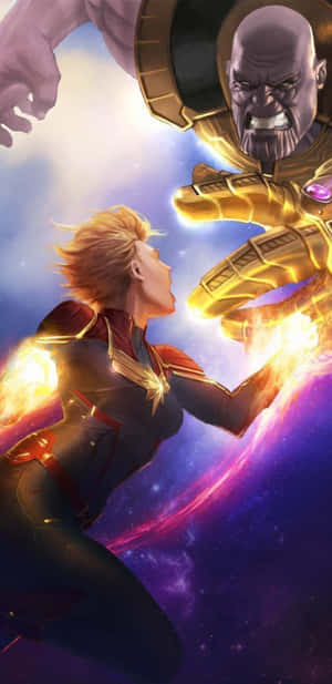 Captain Marvel 和 Thanos 在宇宙戰鬥中碰撞，散發出熾熱的能量。