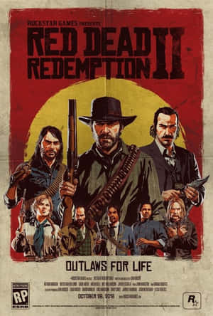 Red Dead Redemption II 遊戲海報，七名武裝亡命之徒角色。