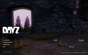 遊戲選單畫面顯示石拱門與松樹在黃昏時分。 — Dayz GIF 壁紙