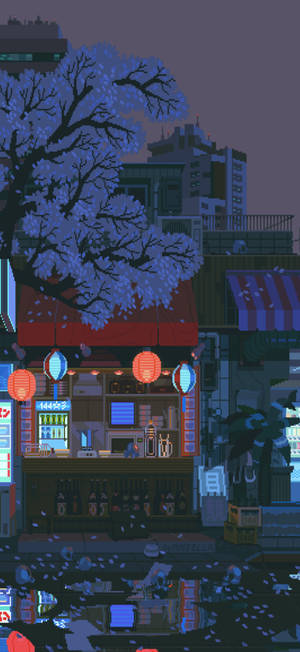 黃昏時櫻花下發光燈籠和雨水坑的像素化城市酒吧。 — Pixel 9 Pro 壁紙